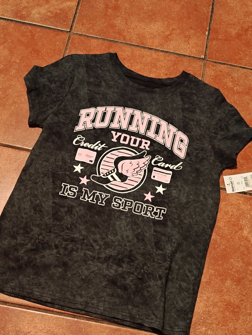 Girls' Black Graphic Tee with Pink Print - Running Your Card